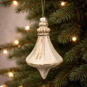Vintage Glass Ornament White Gold 6 Inch Antiqued Finish